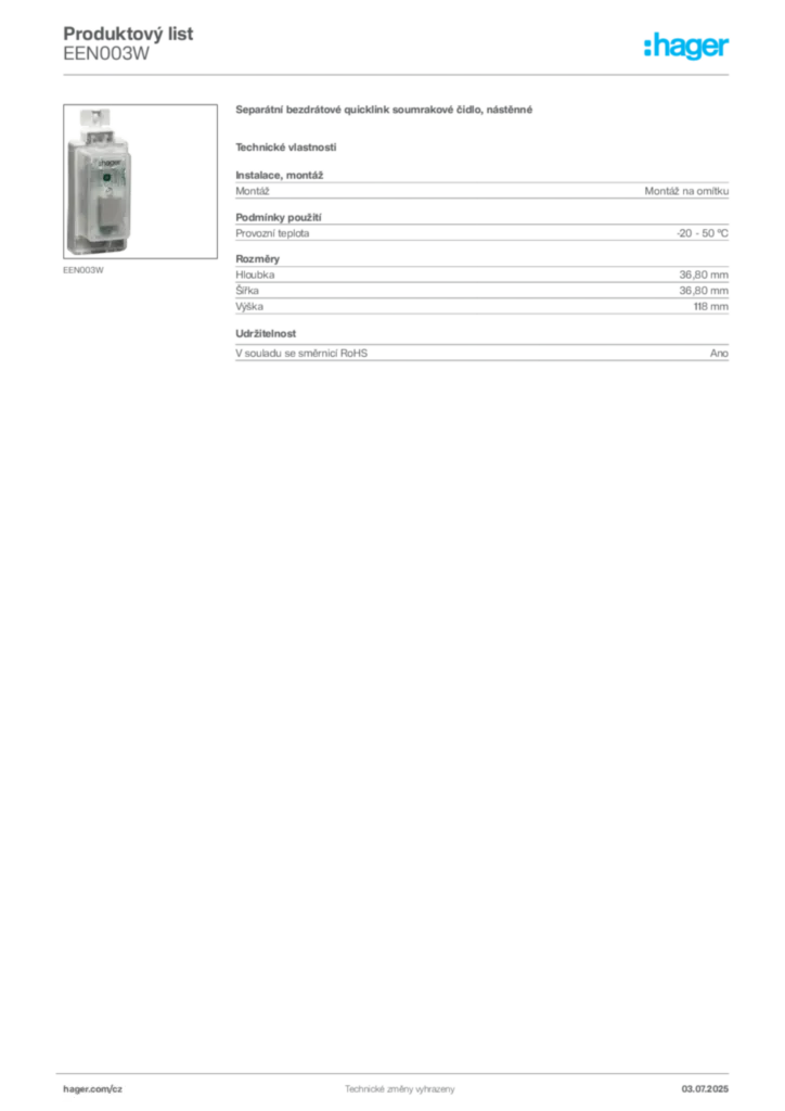 Obrázek Hager Produktový list EEN003W | Hager