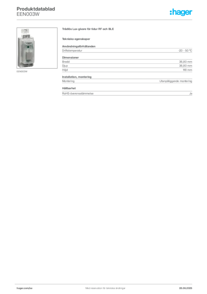 Bild Hager Produktdatablad EEN003W | Hager Sverige