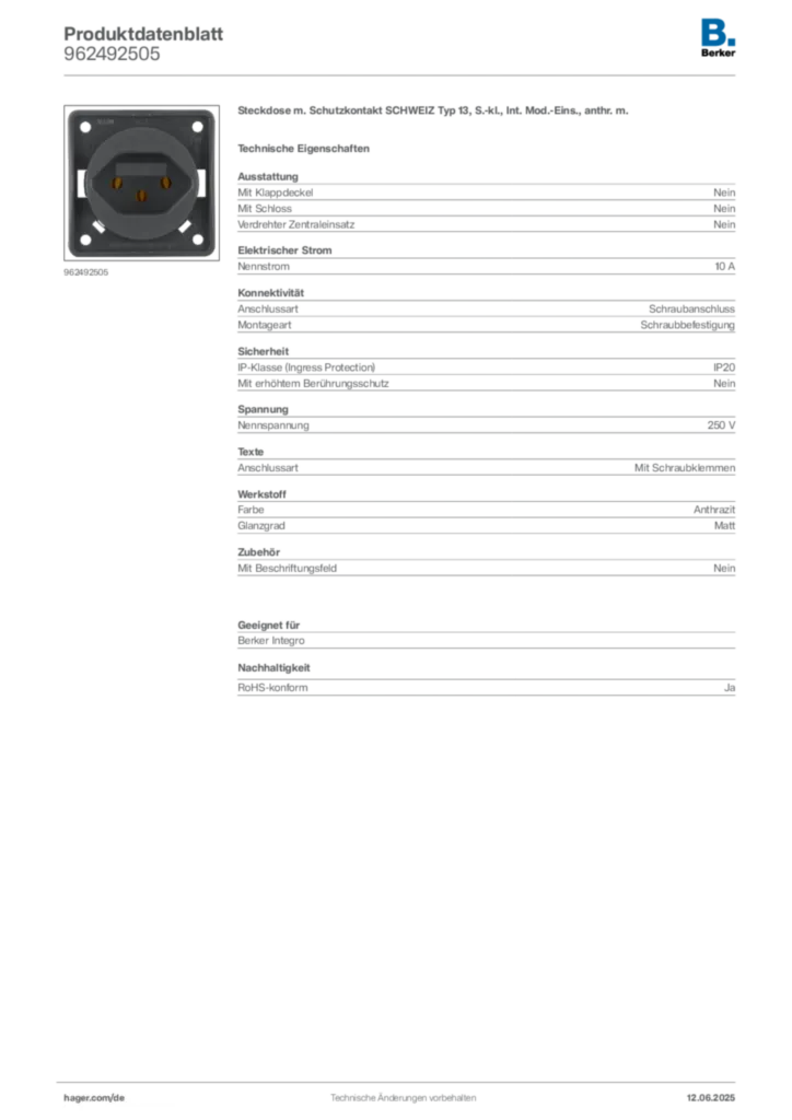 Berker Produktdatenblatt 962492505
