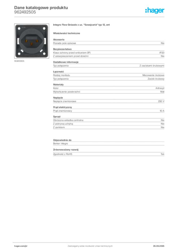 Zdjęcie Hager Dane katalogowe produktu 962492505 | Hager Polska