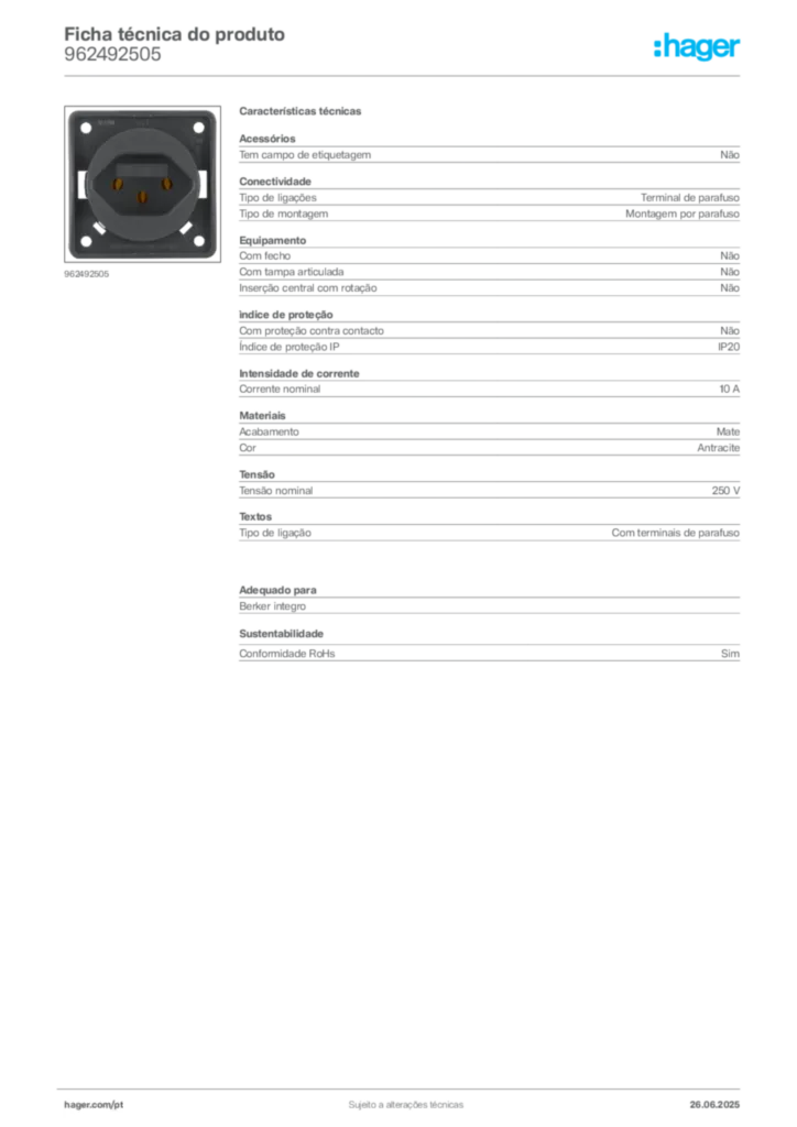 Imagem Hager Ficha técnica do produto 962492505 | Hager Portugal