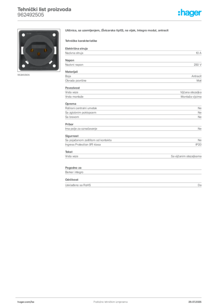Slika Hager Product data sheet 962492505  | Hager