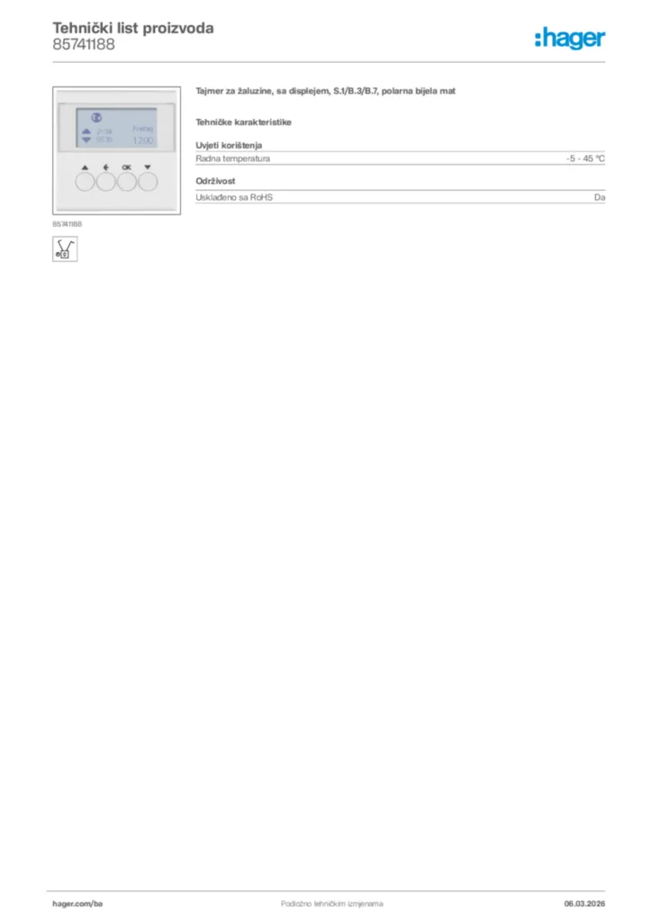 Slika Hager Tehnički list proizvoda 85741188  | Hager