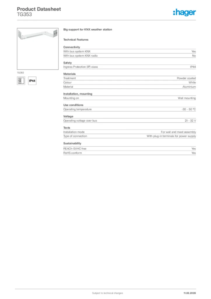 Image Hager Product data sheet TG353  | Hager Africa