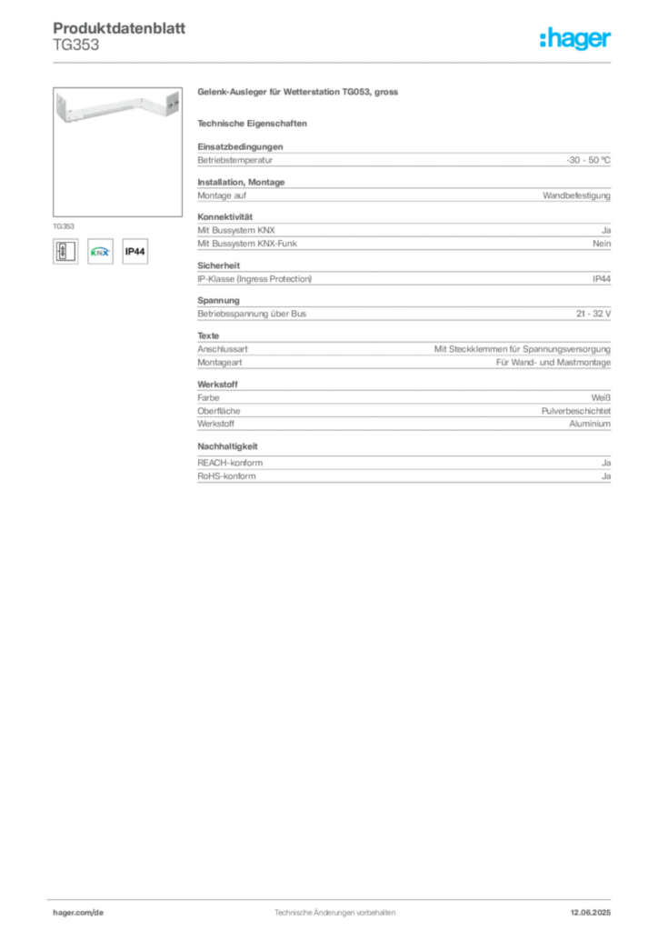 Bild Hager Produktdatenblatt TG353 | Hager Deutschland