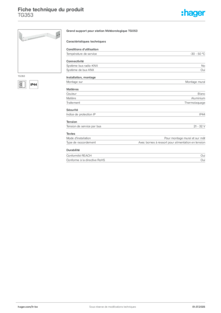 Image Hager Fiche technique du produit TG353 | Hager Belgique