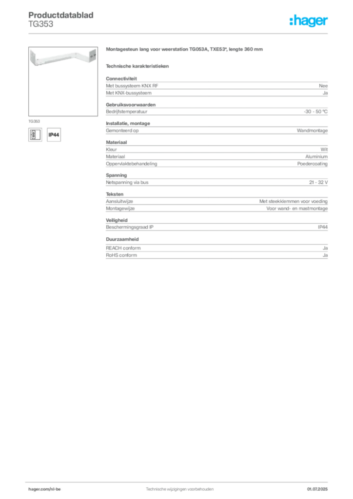 Afbeelding Hager Productdatablad TG353 | Hager Belgium