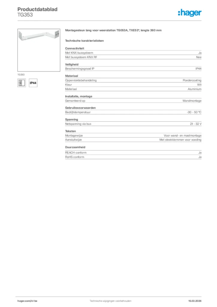 Afbeelding Hager Productdatablad TG353 | Hager Belgium
