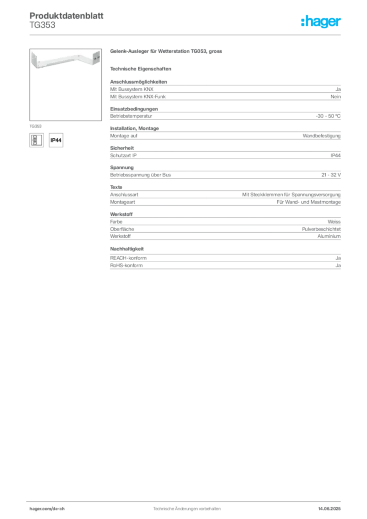 Bild Hager Produktdatenblatt TG353 | Hager Schweiz