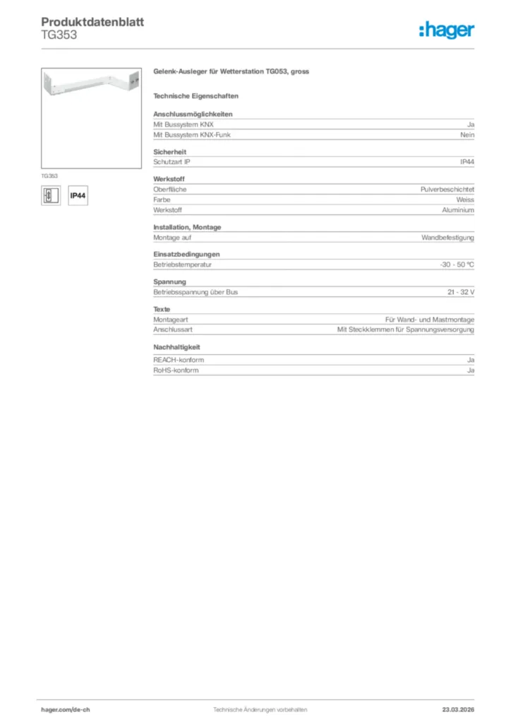 Bild Hager Produktdatenblatt TG353 | Hager Schweiz