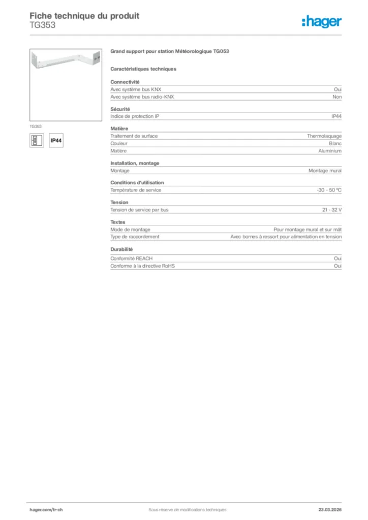 Image Hager Fiche technique du produit TG353 | Hager Suisse