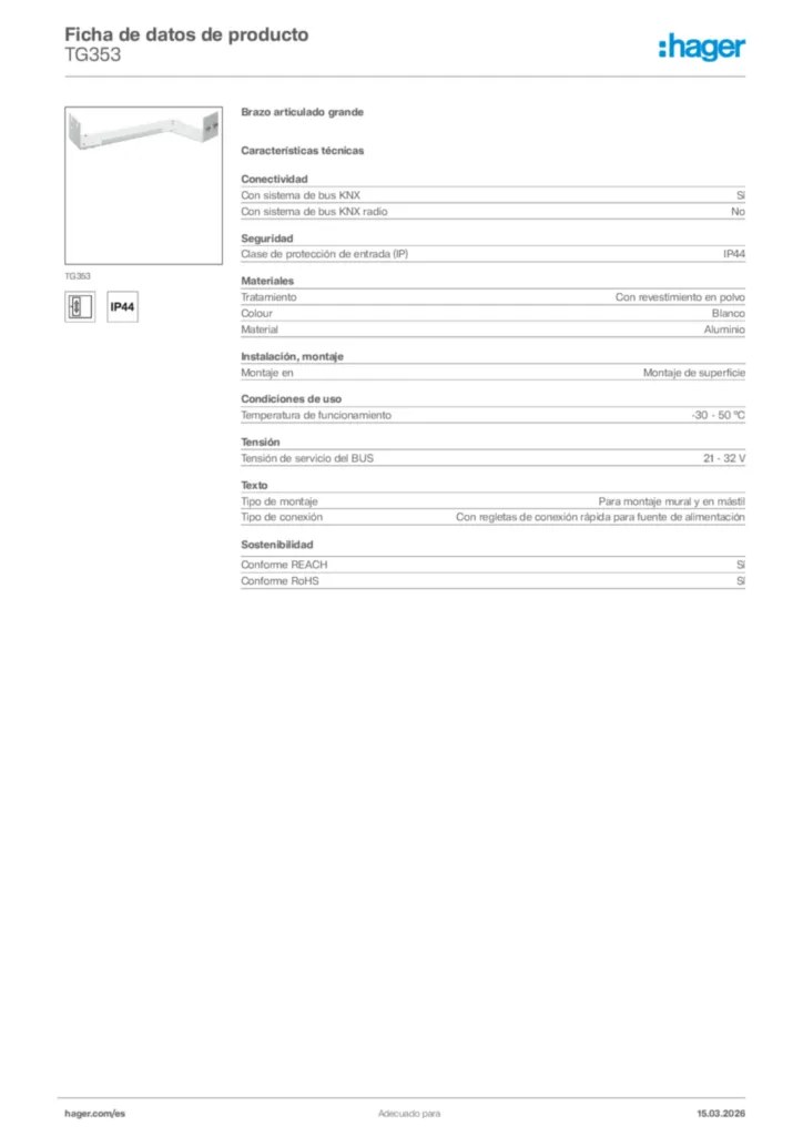 Imagen Hager Ficha de datos de producto TG353 | Hager España