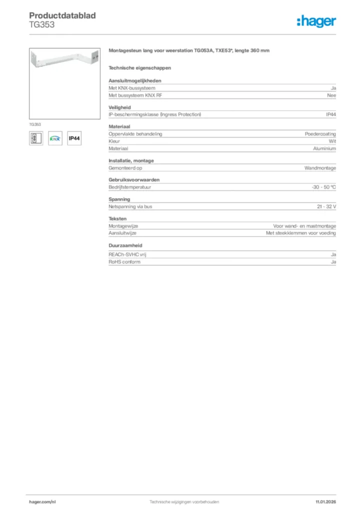 Afbeelding Hager Productdatablad TG353 | Hager Nederland