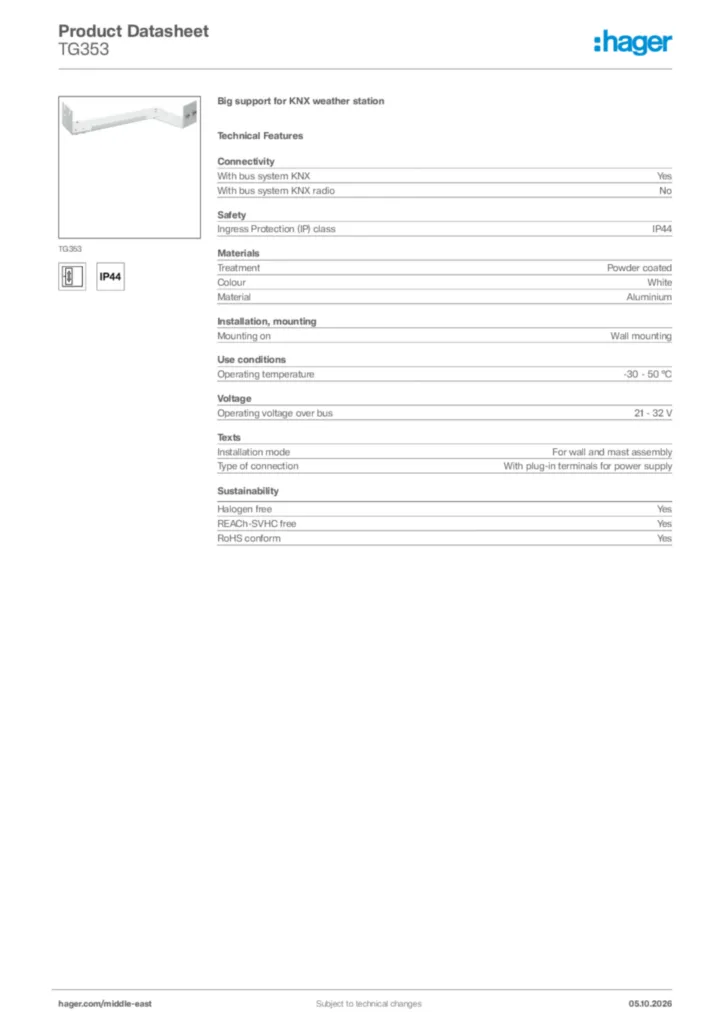 Image Hager Product data sheet TG353  | Hager