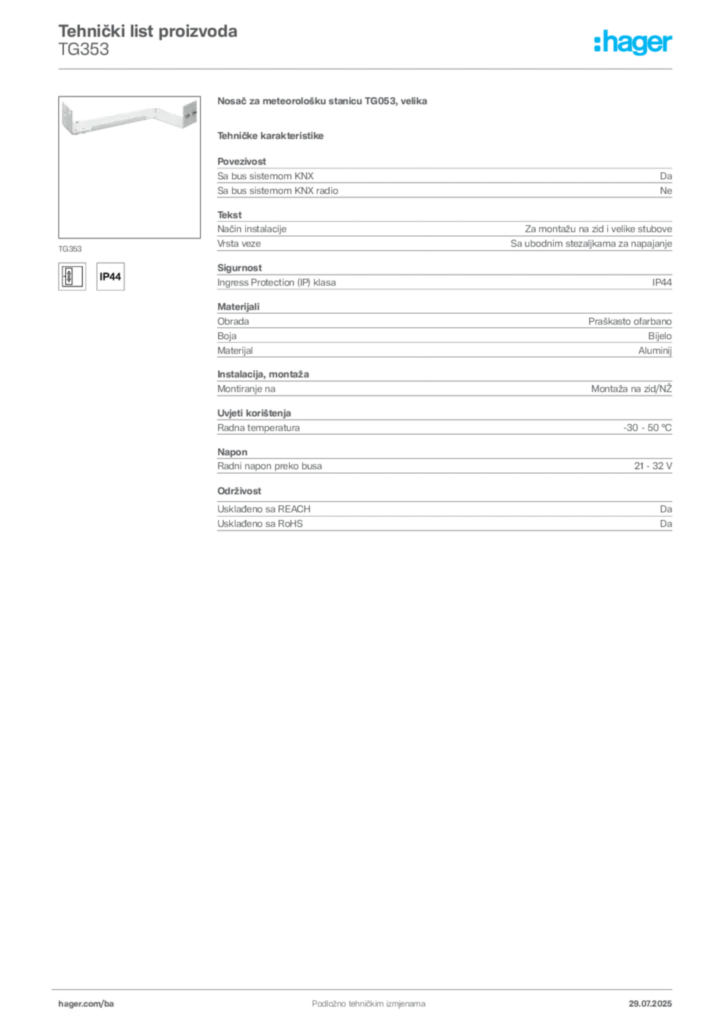 Slika Hager Product data sheet TG353  | Hager