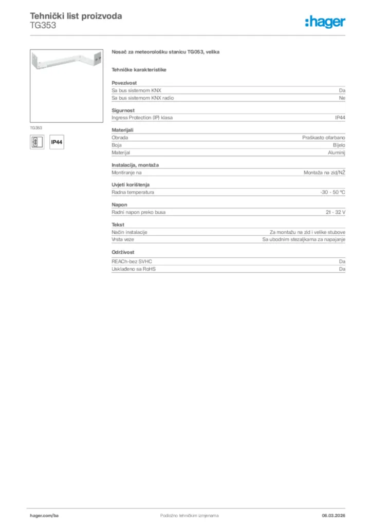 Slika Hager Tehnički list proizvoda TG353  | Hager