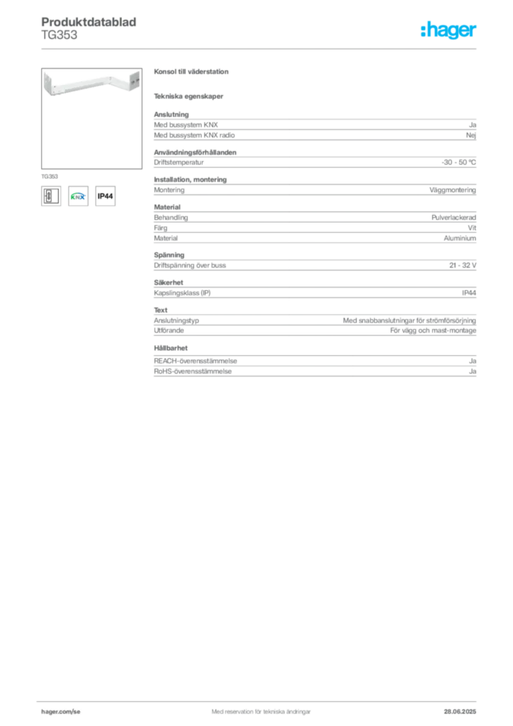 Bild Hager Produktdatablad TG353 | Hager Sverige