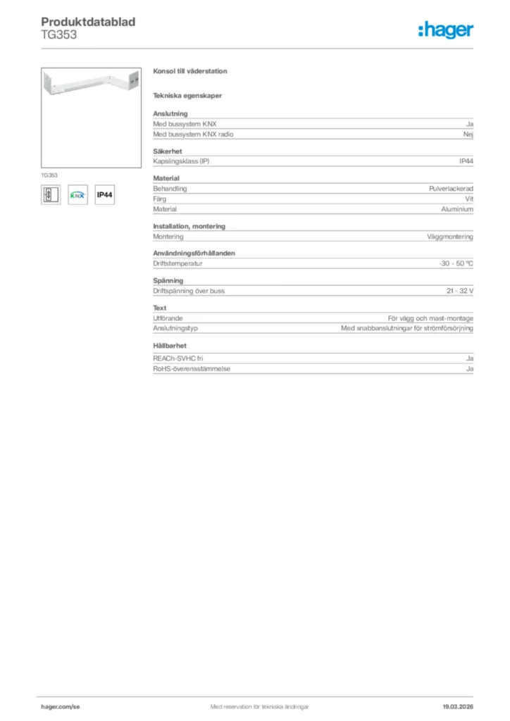 Bild Hager Produktdatablad TG353 | Hager Sverige