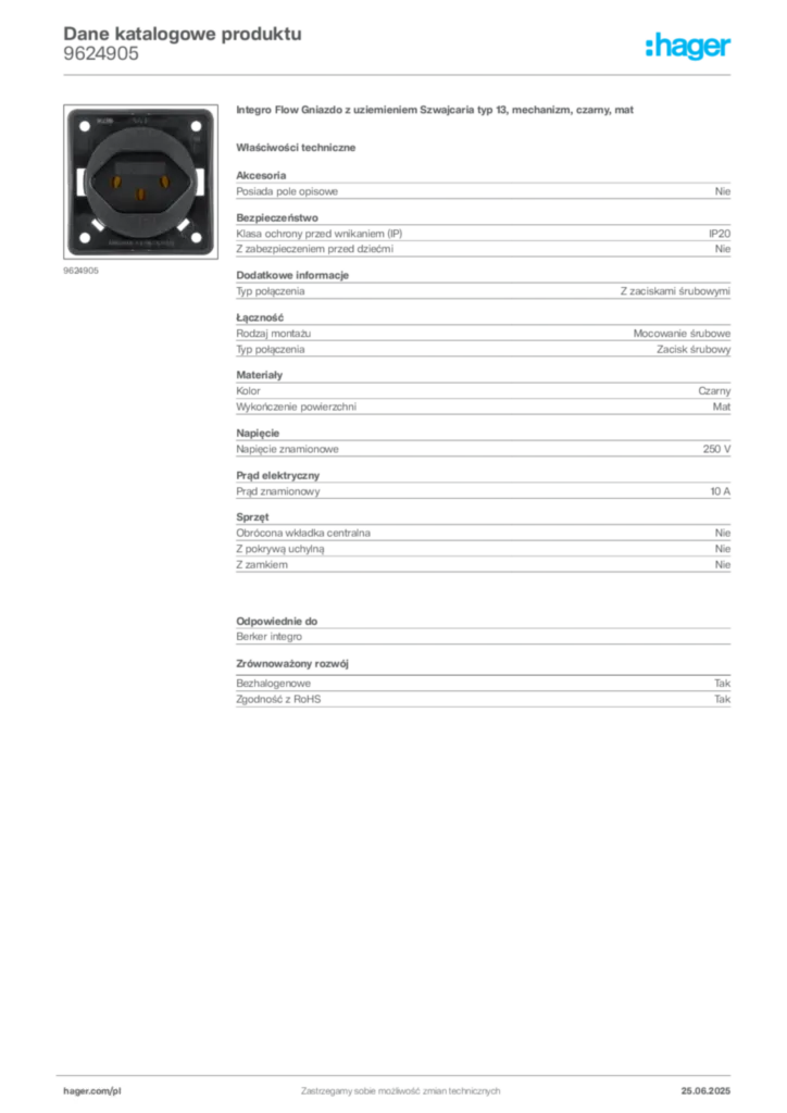 Zdjęcie Hager Dane katalogowe produktu 9624905 | Hager Polska