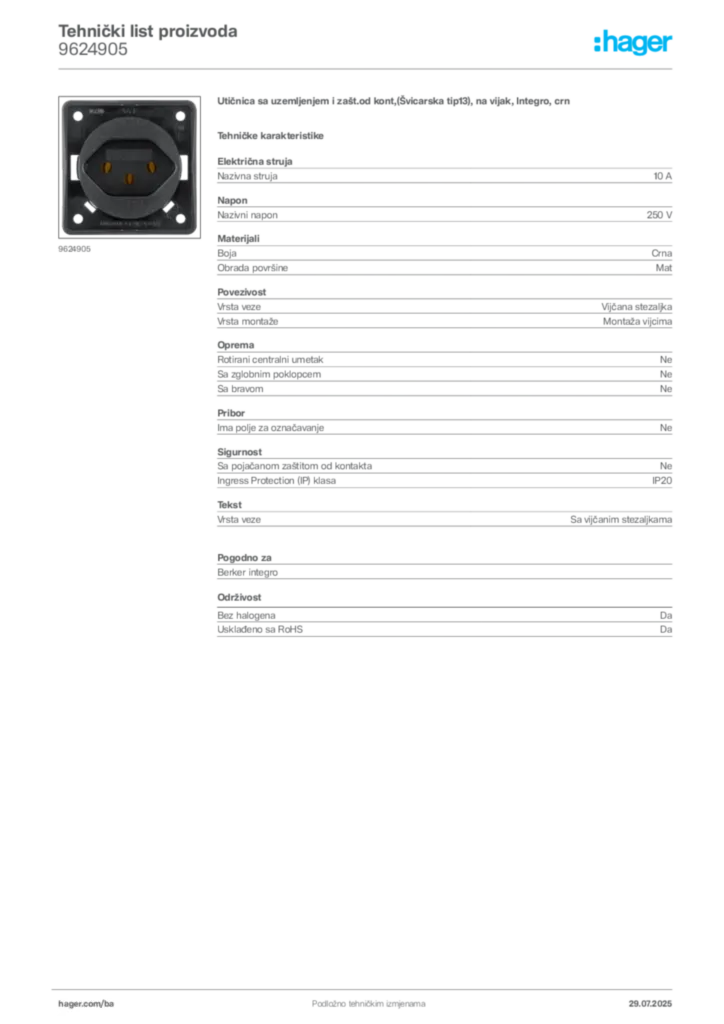 Slika Hager Product data sheet 9624905  | Hager