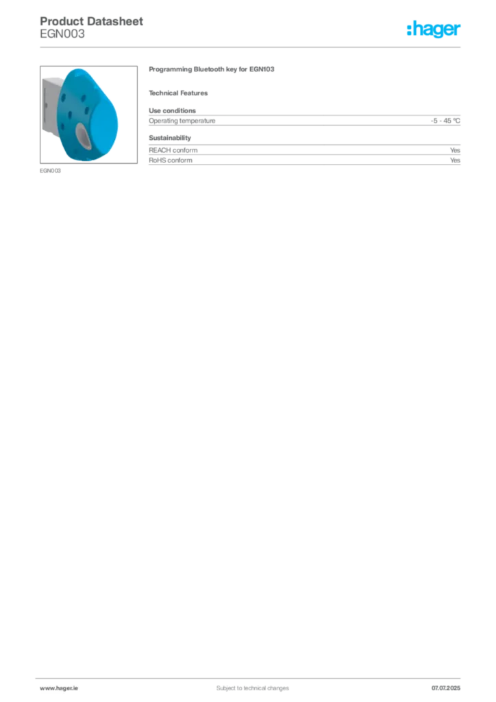 Image Hager Product data sheet EGN003  | Hager