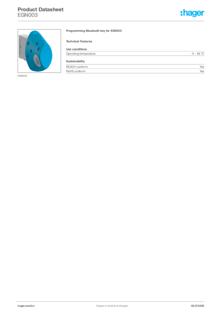 Image Hager Product data sheet EGN003  | Hager New Zealand