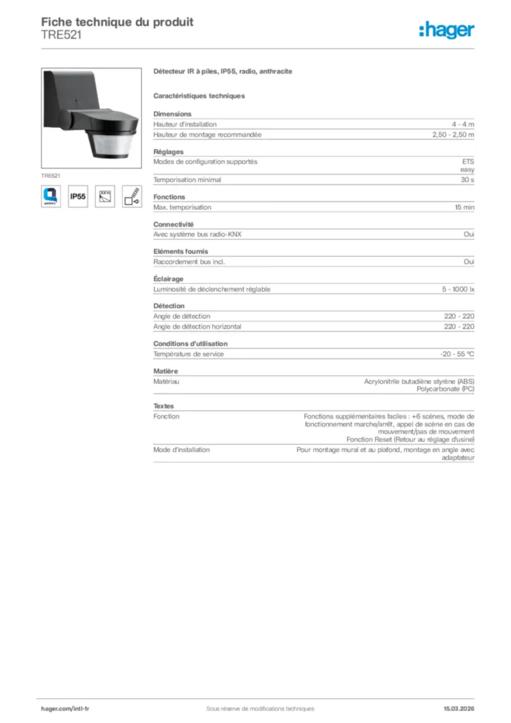 Image Hager Fiche technique du produit TRE521 | Hager Afrique