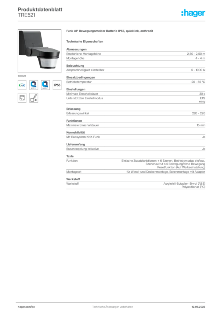 Hager Produktdatenblatt TRE521