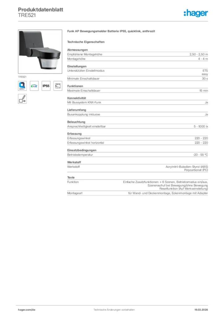 Bild Hager Produktdatenblatt TRE521 | Hager Deutschland