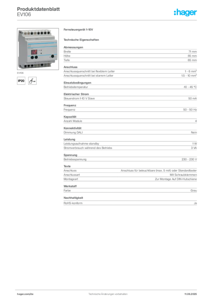 Bild Hager Produktdatenblatt EV106 | Hager Deutschland