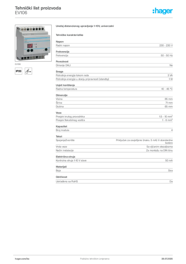 Slika Hager Product data sheet EV106  | Hager