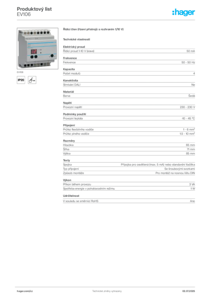 Obrázek Hager Produktový list EV106 | Hager