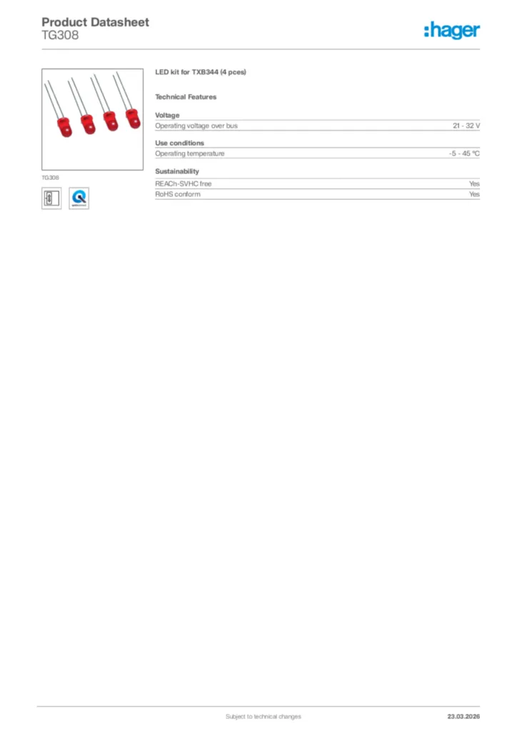 Image Hager Product data sheet TG308  | Hager Africa