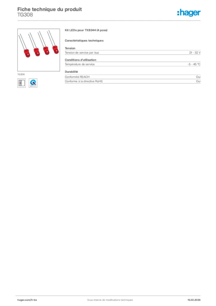 Image Hager Fiche technique du produit TG308 | Hager Belgique