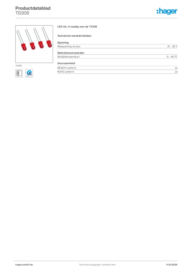 Afbeelding Hager Productdatablad TG308 | Hager Belgium