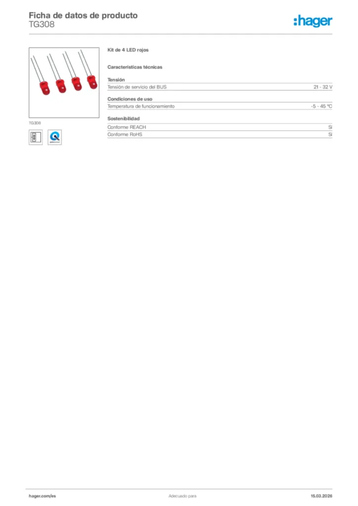 Imagen Hager Ficha de datos de producto TG308 | Hager España