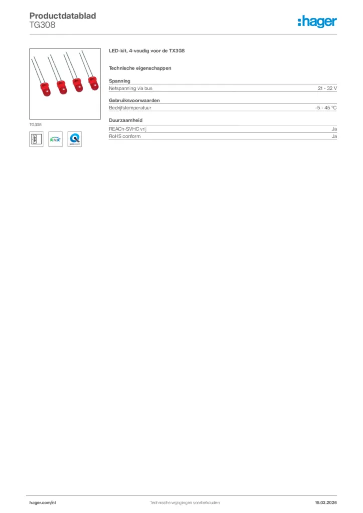 Afbeelding Hager Productdatablad TG308 | Hager Nederland