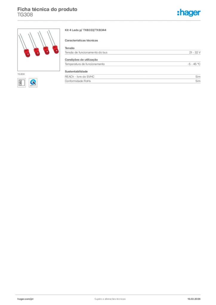 Imagem Hager Ficha técnica do produto TG308 | Hager Portugal