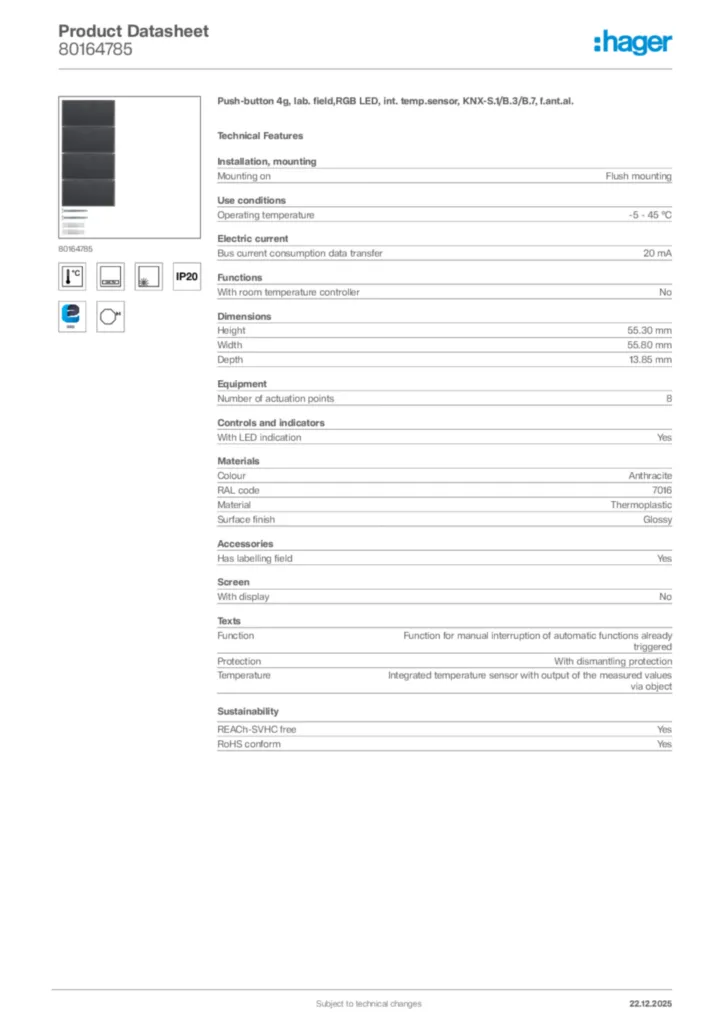 Image Hager Product data sheet 80164785  | Hager Africa