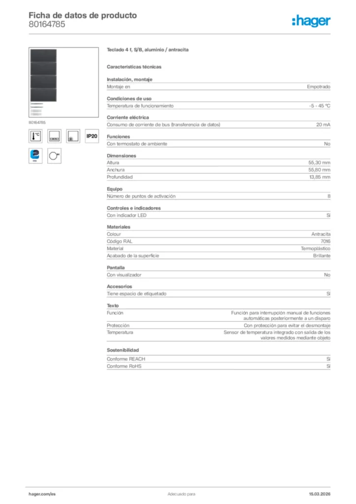 Imagen Hager Ficha de datos de producto 80164785 | Hager España