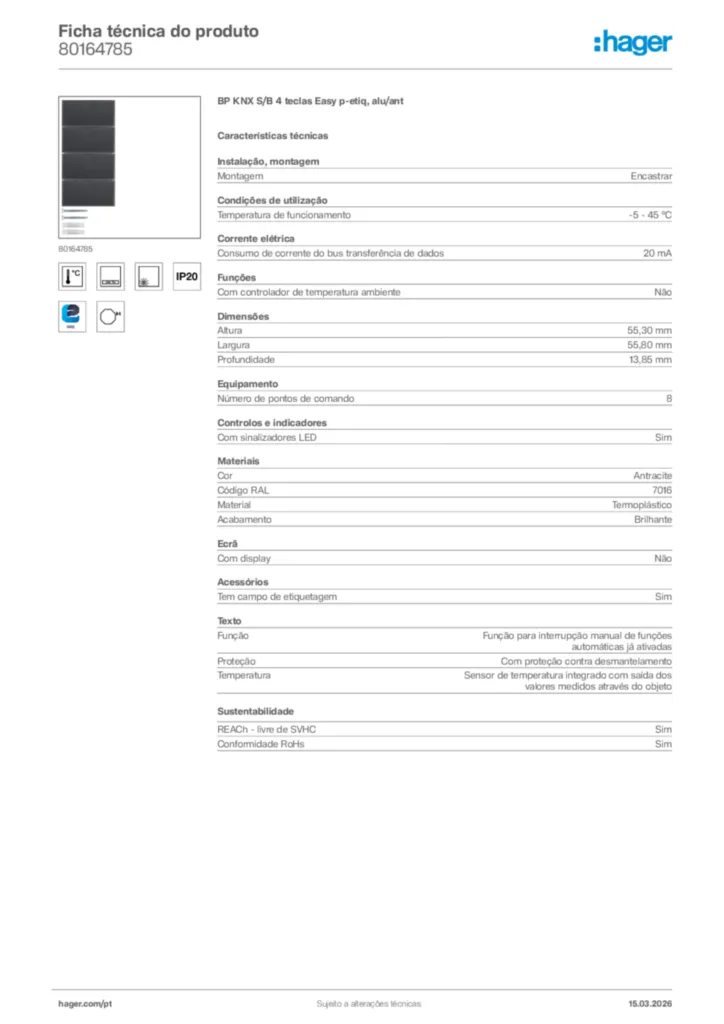 Imagem Hager Ficha técnica do produto 80164785 | Hager Portugal