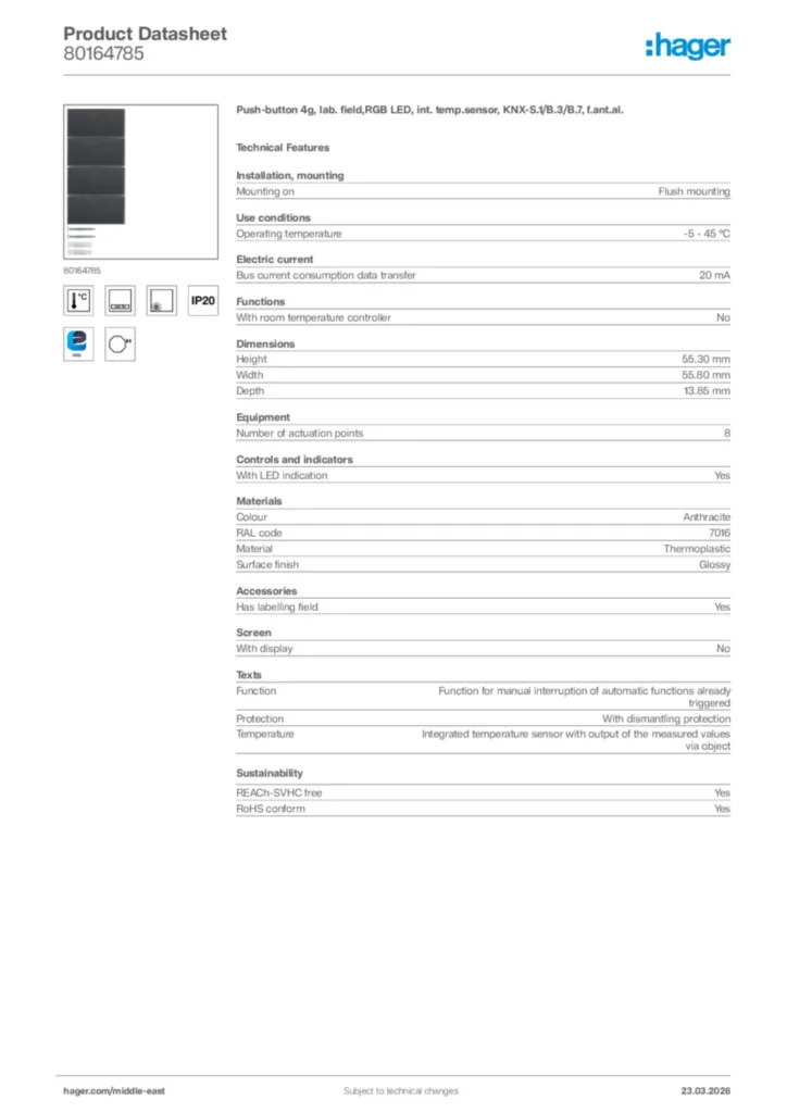 Image Hager Product data sheet 80164785  | Hager