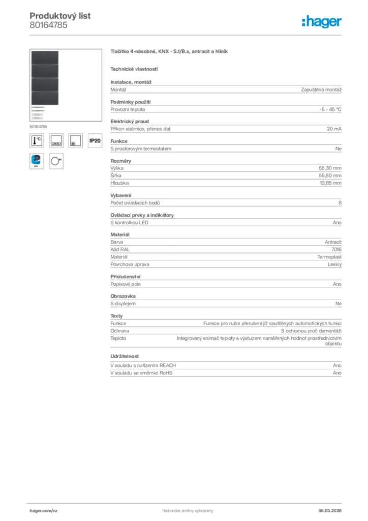 Obrázek Hager Product data sheet 80164785 | Hager