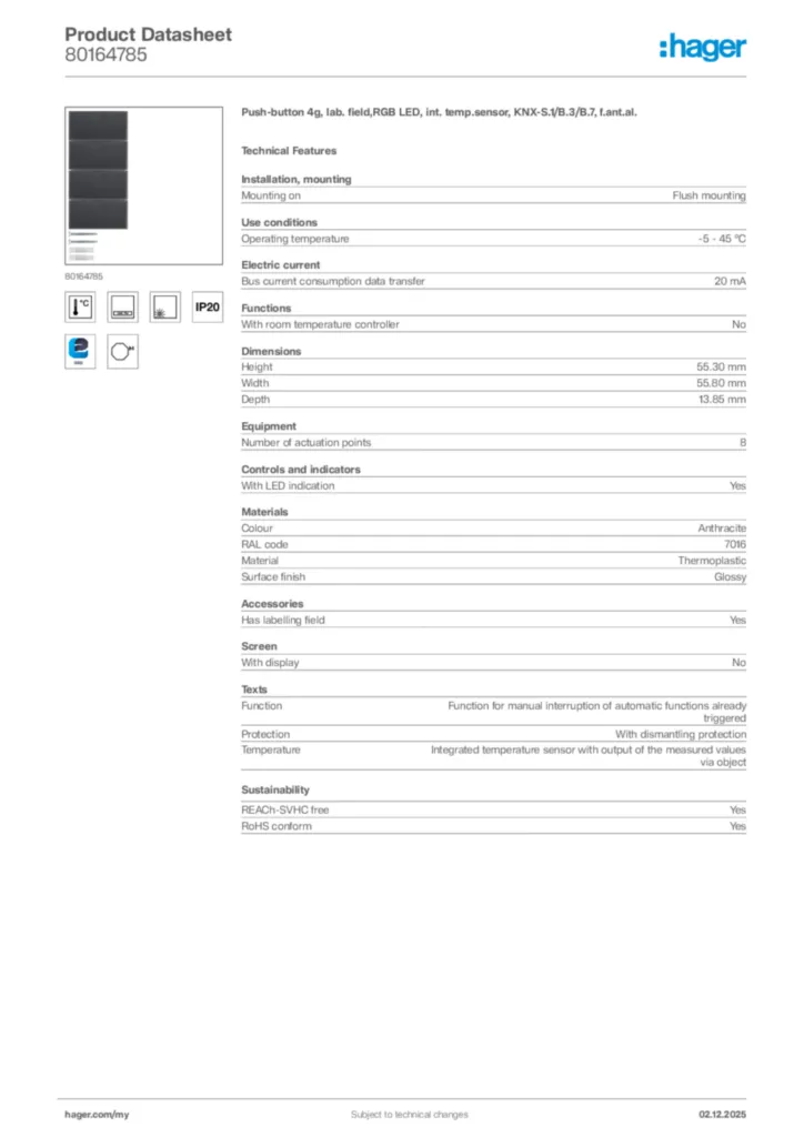 Image Hager Product data sheet 80164785  | Hager