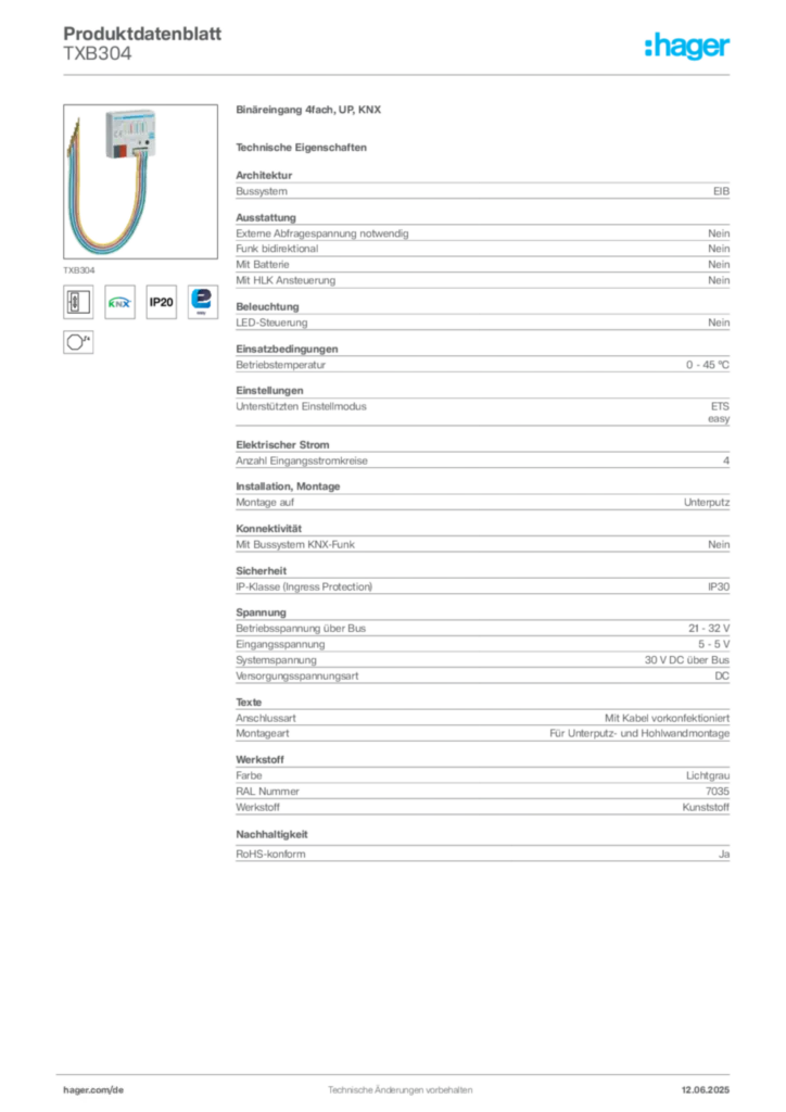 Bild Hager Produktdatenblatt TXB304 | Hager Deutschland
