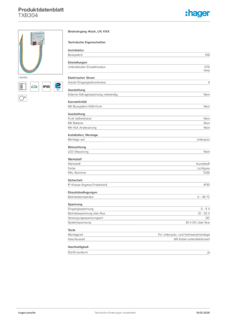 Bild Hager Produktdatenblatt TXB304 | Hager Deutschland