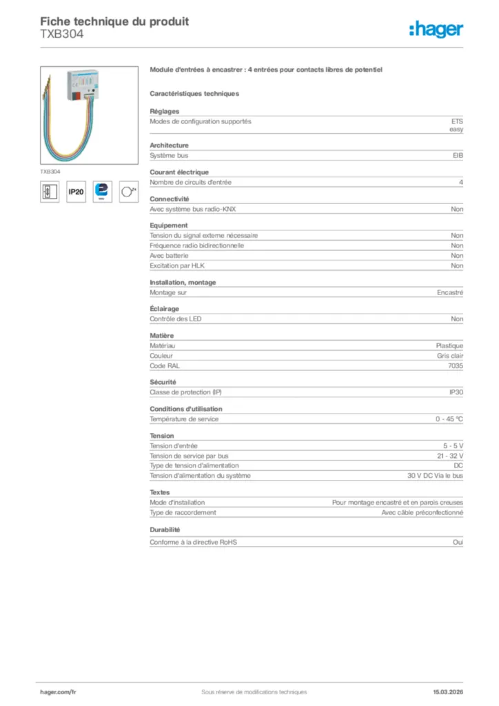 Image Hager Fiche technique du produit TXB304 | Hager France