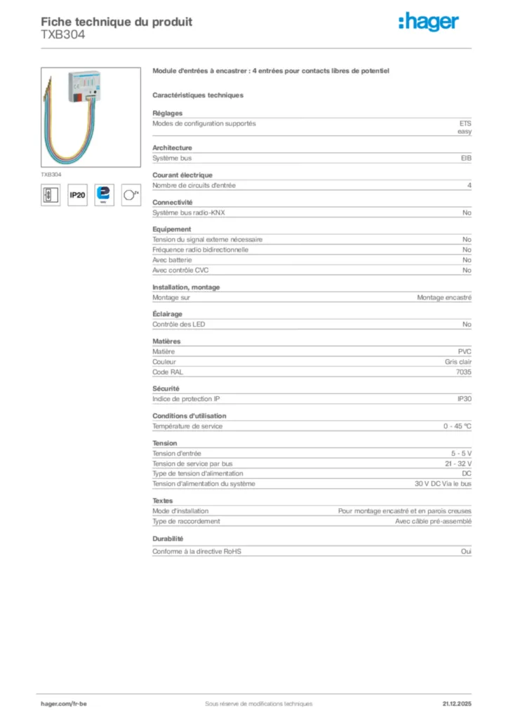 Image Hager Fiche technique du produit TXB304 | Hager Belgique