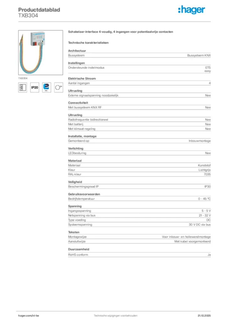 Afbeelding Hager Productdatablad TXB304 | Hager Belgium