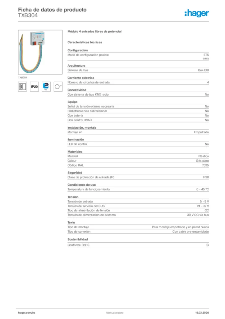Imagen Hager Ficha de datos de producto TXB304 | Hager España